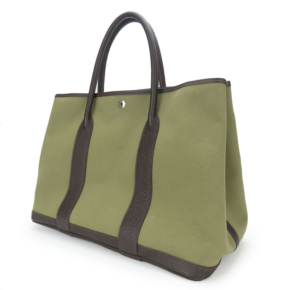 HERMES Tote Bag Canvas, Leather Khaki green Garden party PM unisex(Unisex) Used
