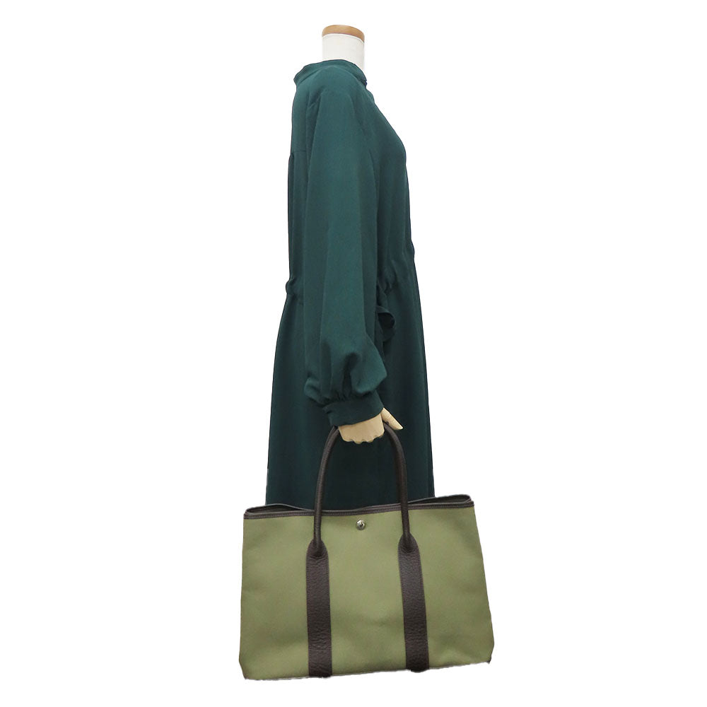 HERMES Tote Bag Canvas, Leather Khaki green Garden party PM unisex(Unisex) Used