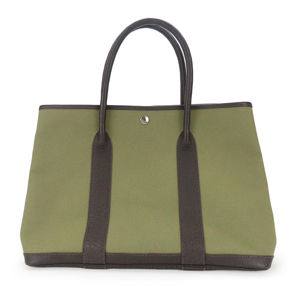 HERMES Tote Bag Canvas, Leather Khaki green Garden party PM unisex(Unisex) Used