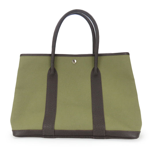 HERMES Tote Bag Canvas, Leather Khaki green Garden party PM unisex(Unisex) Used