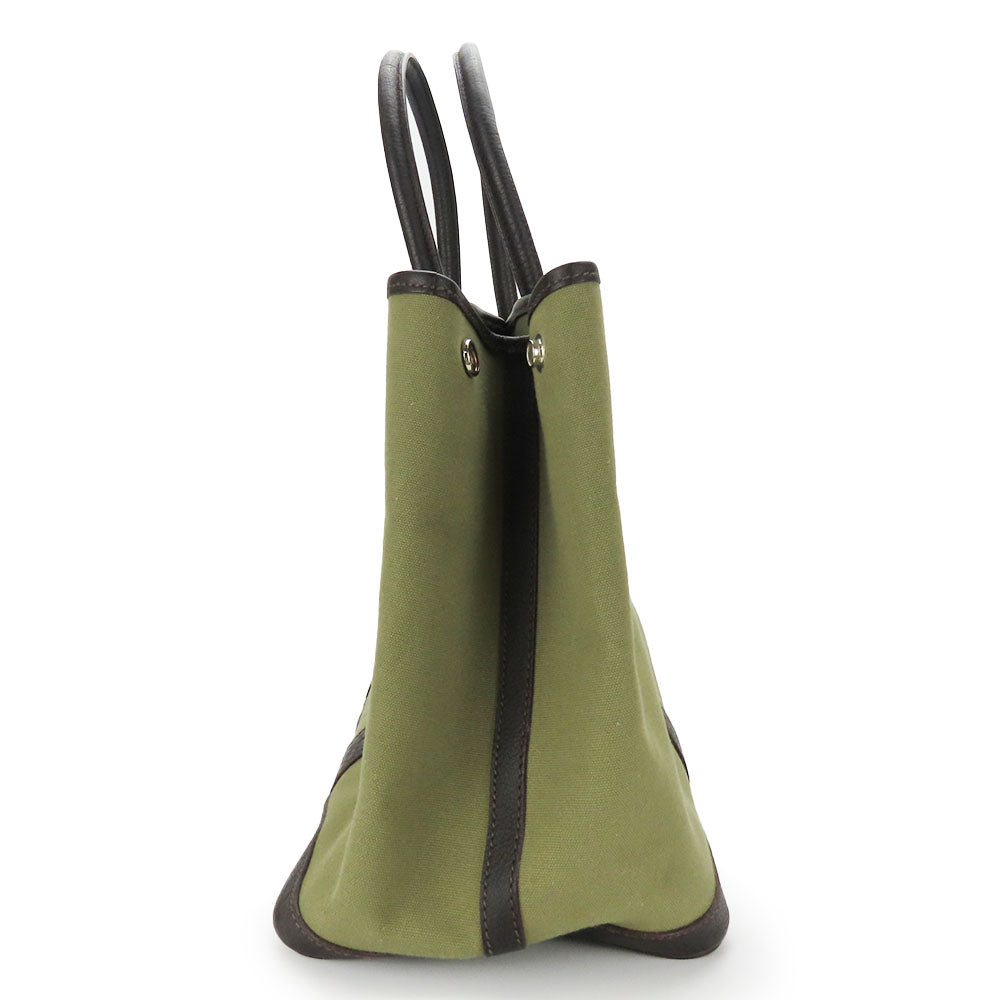 HERMES Tote Bag Canvas, Leather Khaki green Garden party PM unisex(Unisex) Used
