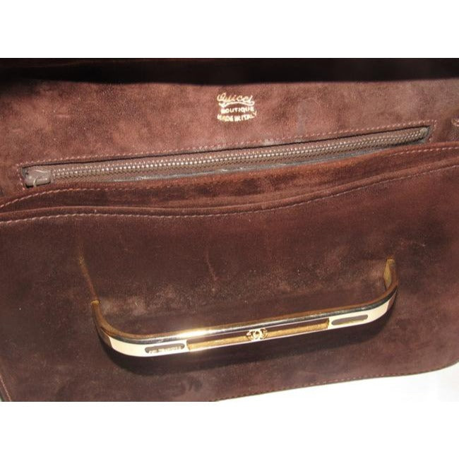 Gucci Top Handle Bar Slide Brown Suede W Bold Gold Clasp Leather And Shoulder Bag