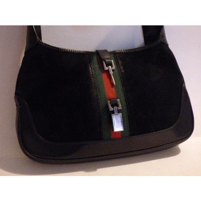 Gucci Shoulder Jackie W Suede Leather Sherry Black With Red Green Stripe Hobo Bag
