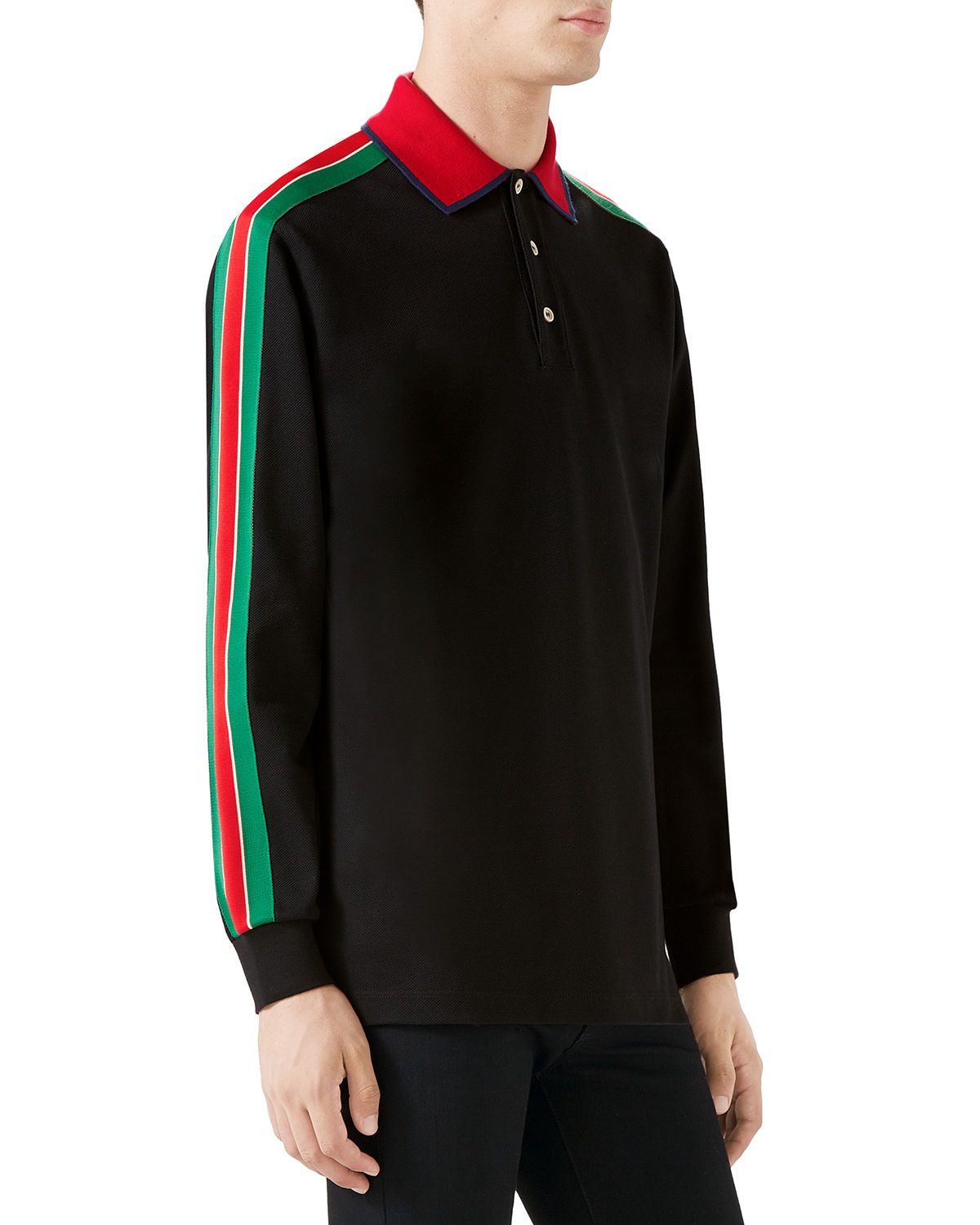 Gucci Web-stripe Detail Long Sleeve Polo in Black