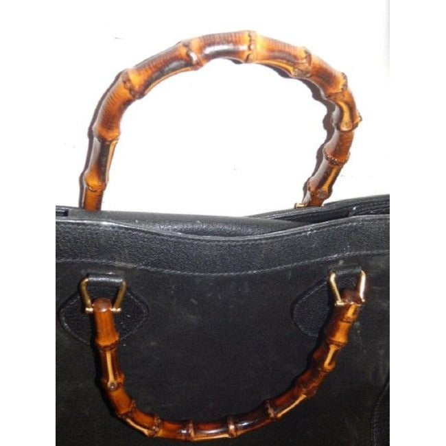 Gucci Xl Two Way Black Suedebamboo Handles Leather And Satchel