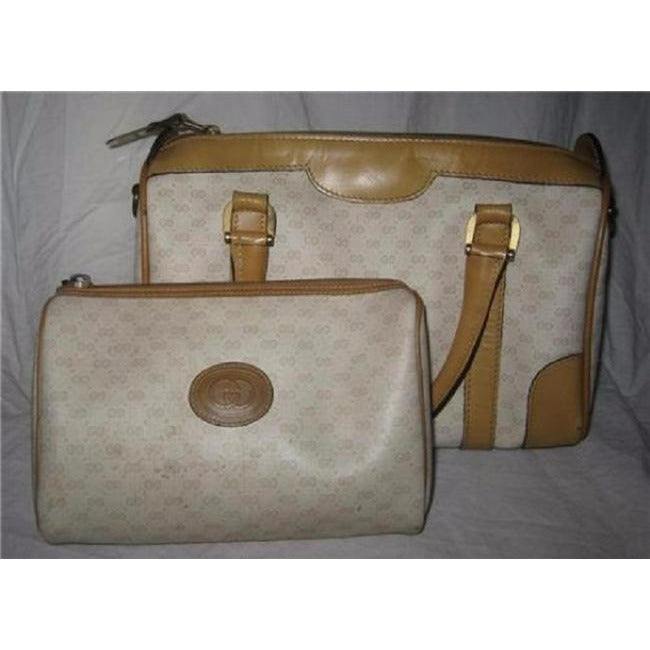 Gucci Vintage Camel Leather And Small G Logo Print On Ivory Coated Canvas