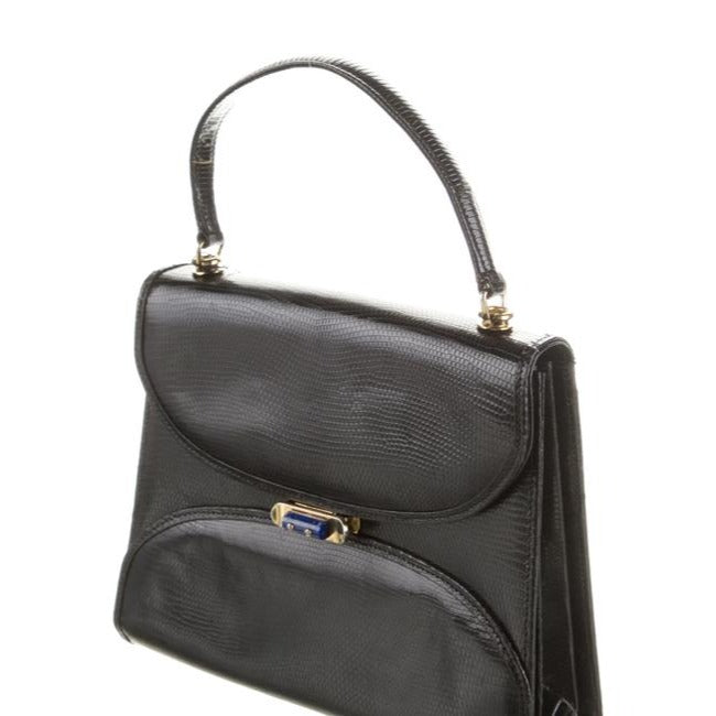 1960's Gucci black lizard top handle Kelly bag w blue lapis clasp