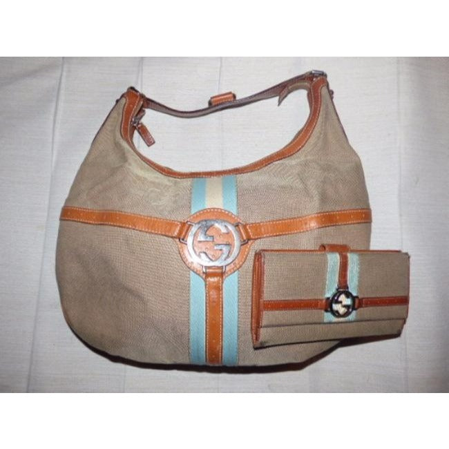Gucci Britt Xl Shades Of Beige And Blue Canvas Leather Hobo Bag
