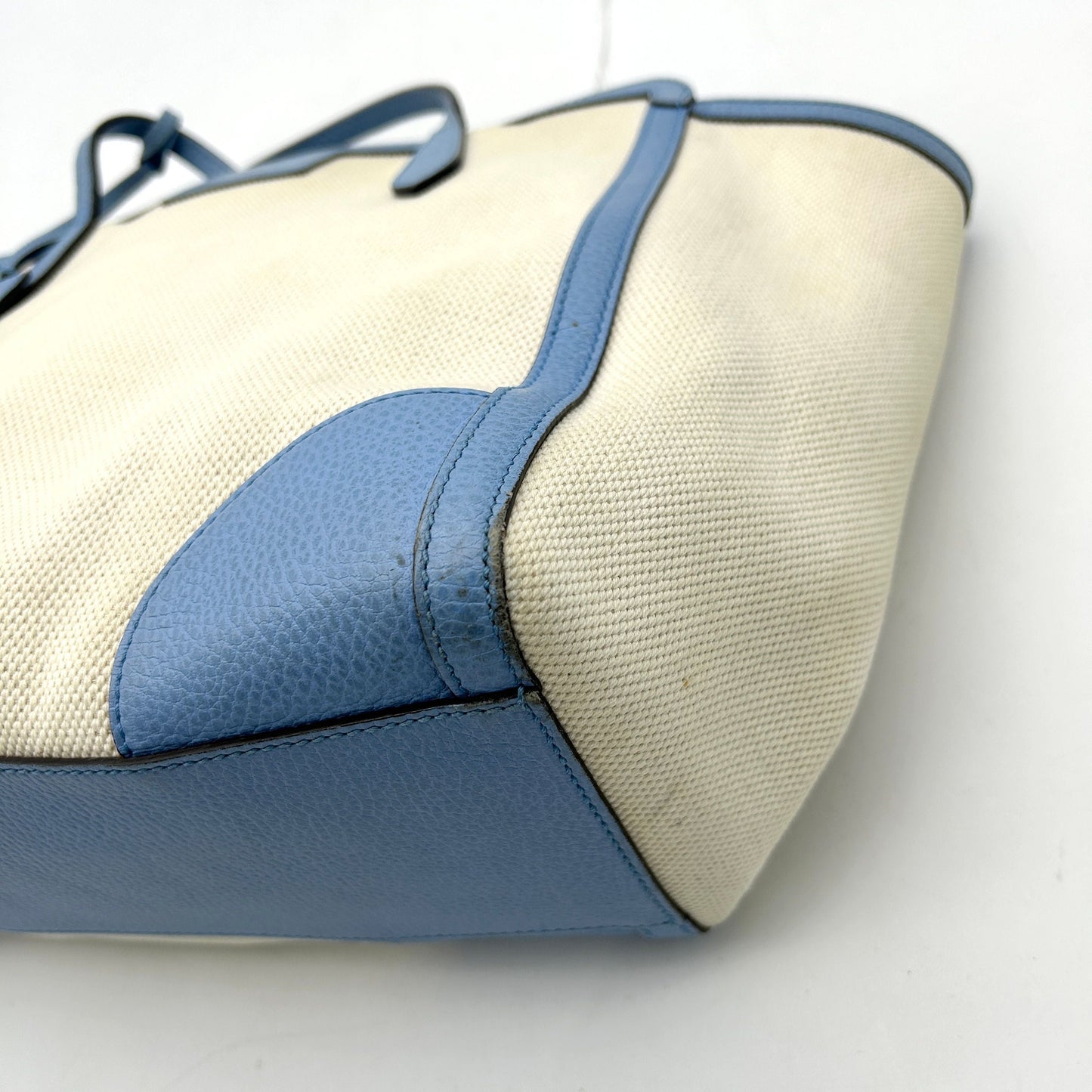 GUCCI Linen Canvas Calfskin Swing Top Handle Bag Mineral Blue LA15121