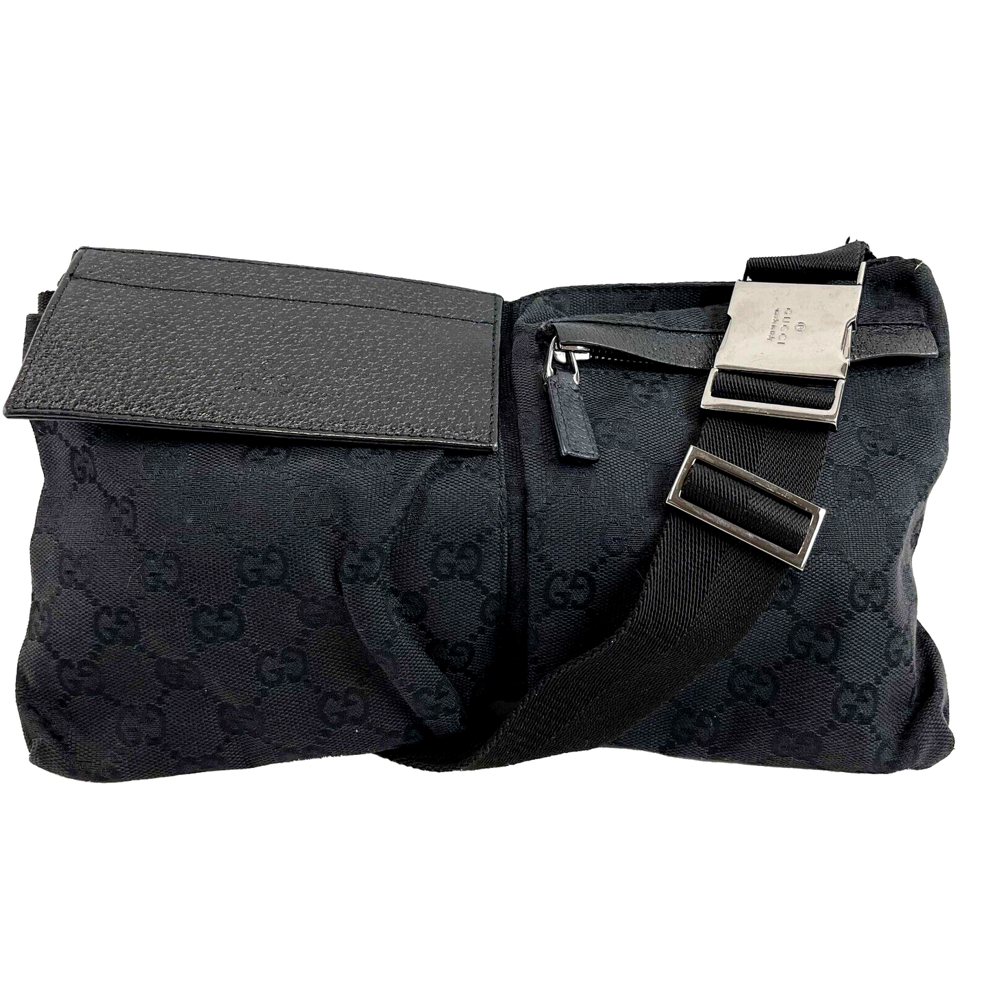 GUCCI GG Monogram Double Pocket Belt Bum Bag Black Excellent