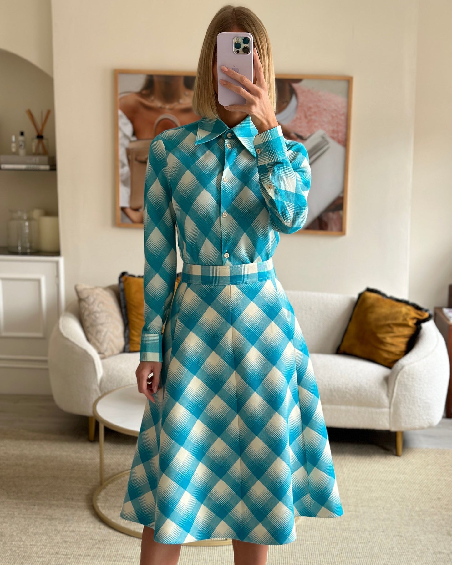 Gucci Turquoise and White Checked Shirt and Skirt Set IT 40 & 42 (UK 8-10)