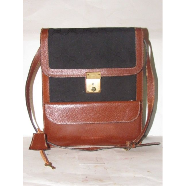 Gucci Vintage Pursesdesigner Purses Black Large G Logo Print And Brown Leather Canvas Messenger Bag