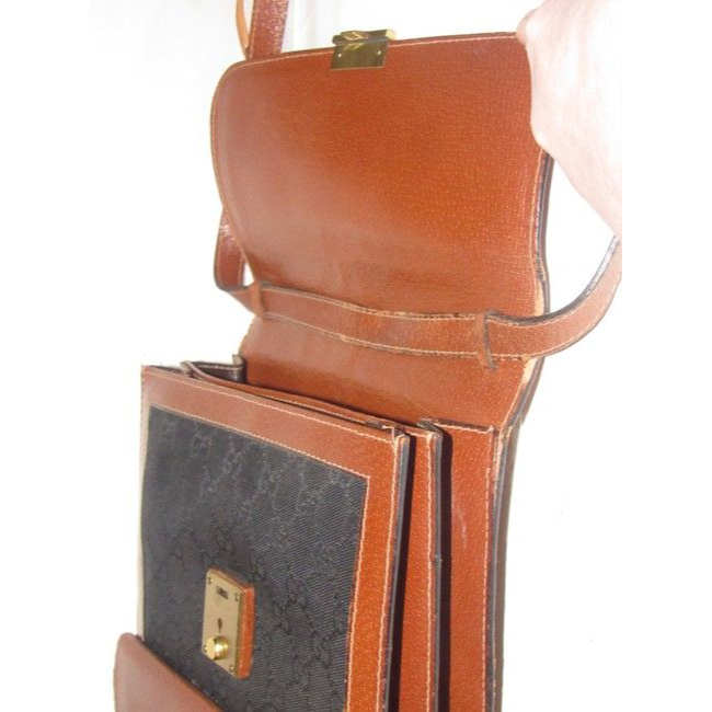 Gucci Vintage Pursesdesigner Purses Black Large G Logo Print And Brown Leather Canvas Messenger Bag