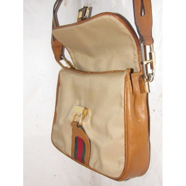Gucci Tan & Brown Leather Jackie Satchel w Red & Green Sherry Stripe