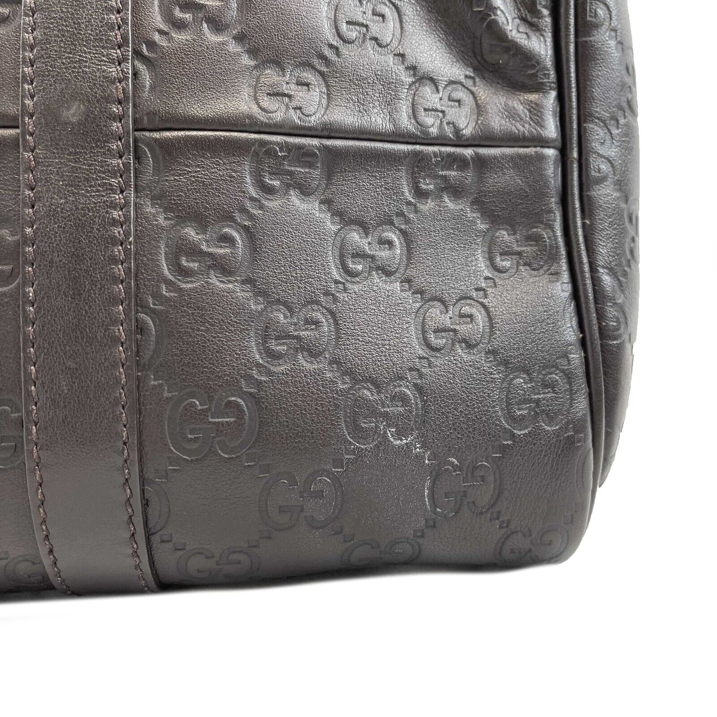 GUCCI - Embossed Leather Monogram Speedy Medium Brown Top Handle Bag