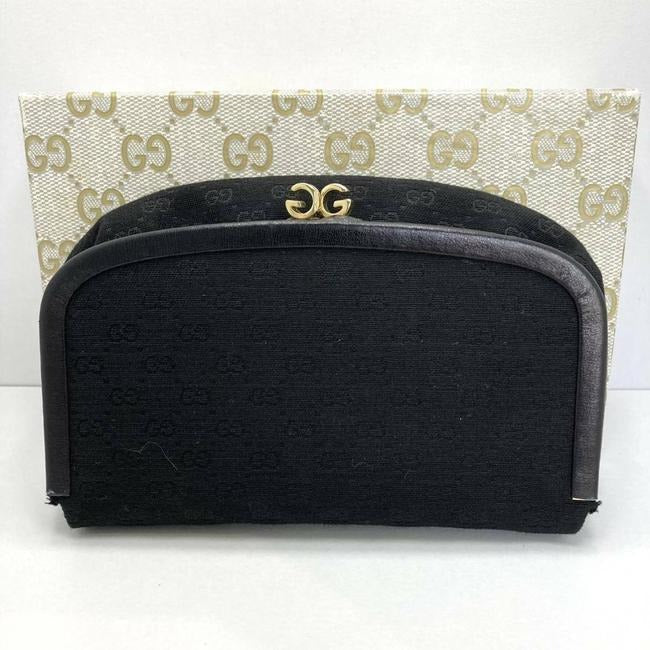 Gucci Vintage Boxy Hinged Top Black Micro Guccissima Print Silk And Leather Clutch