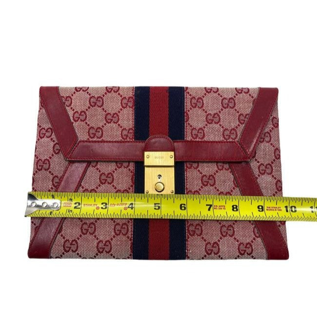 Gucci Guccissima Print Canvas & Red Leather Clutch/Portfolio With Center Blue/Red Stripe
