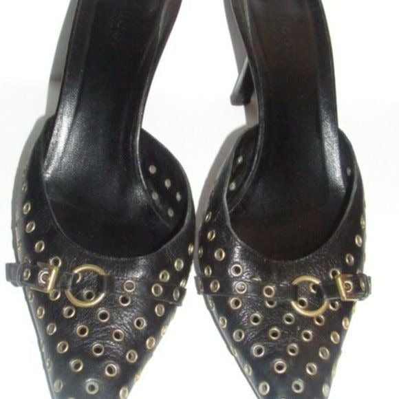 Gucci Black Brass Grommets Mule Kitten Heels