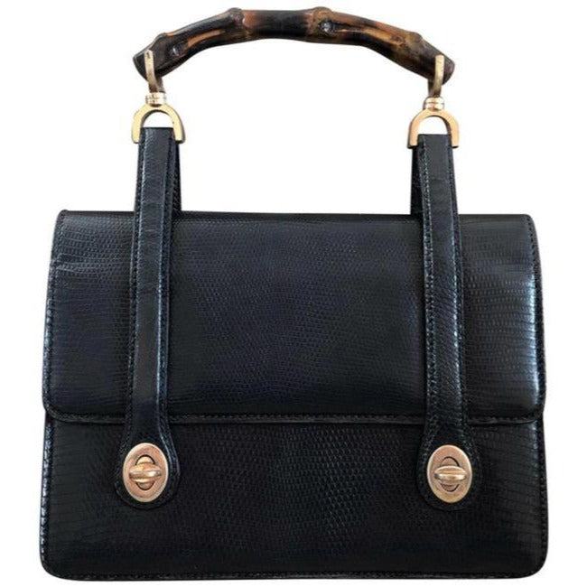 Gucci Box Skin Lunch Style With Midnight Bluebamboo Handle Lizardsnakeskin Satchel