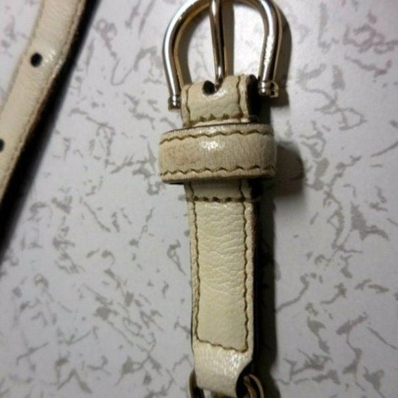 Amazing, Gucci Gold Tone Chain with a Yellow & White Striped Ribbon Woven Throughout with White Leather