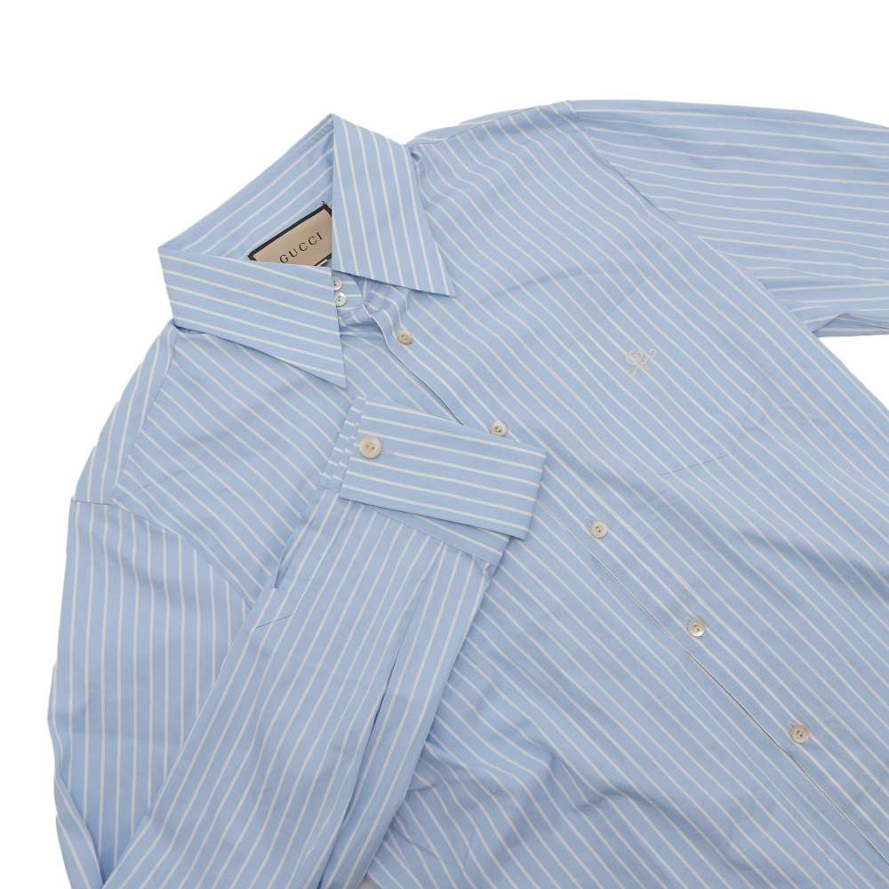 GUCCI Double G Embroidery Striped Shirt Size 41 Blue 680788 Cotton100%