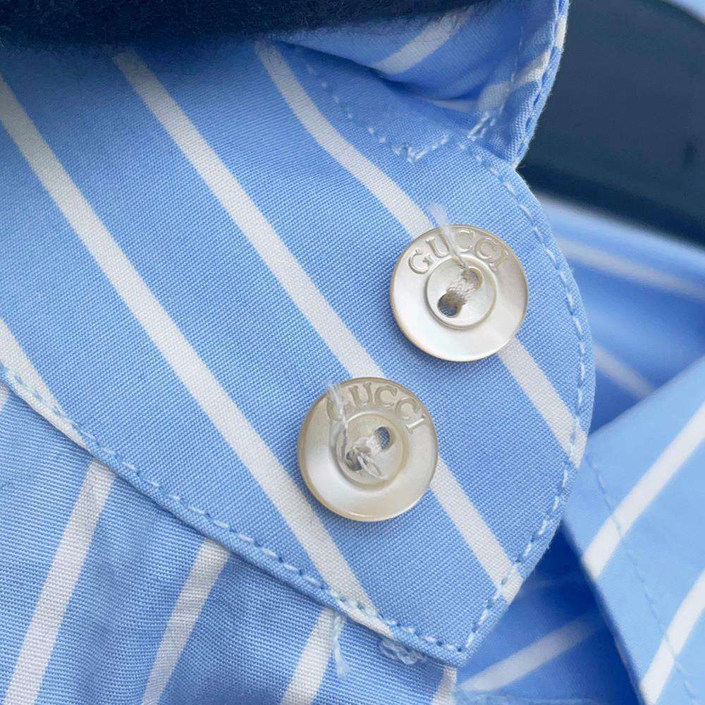 GUCCI Double G Embroidery Striped Shirt Size 41 Blue 680788 Cotton100%