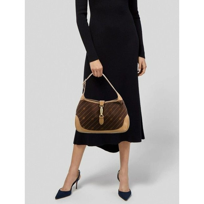 Gucci Diagonal Logo Print Canvas & Leather Jackie Hobo w Extender in Shades Of Brown