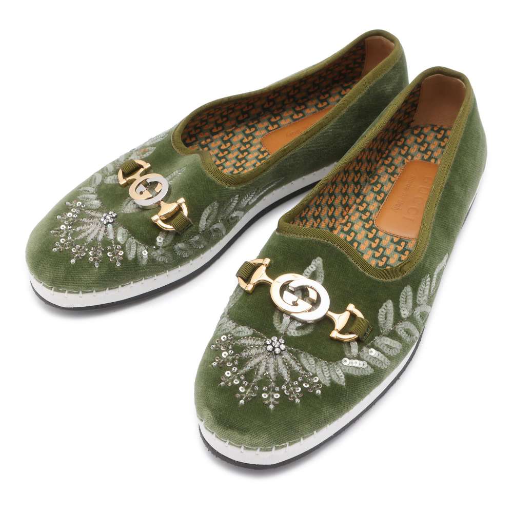 GUCCI Interlocking G slip-ons Green 574882 Velour Size #8
