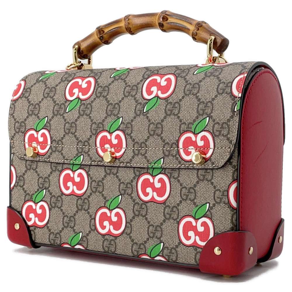 GUCCI GG Apple Bamboo 2way Bag Beige/Red 603221 GG SupremeCanvas