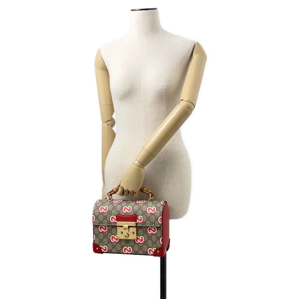 GUCCI GG Apple Bamboo 2way Bag Beige/Red 603221 GG SupremeCanvas