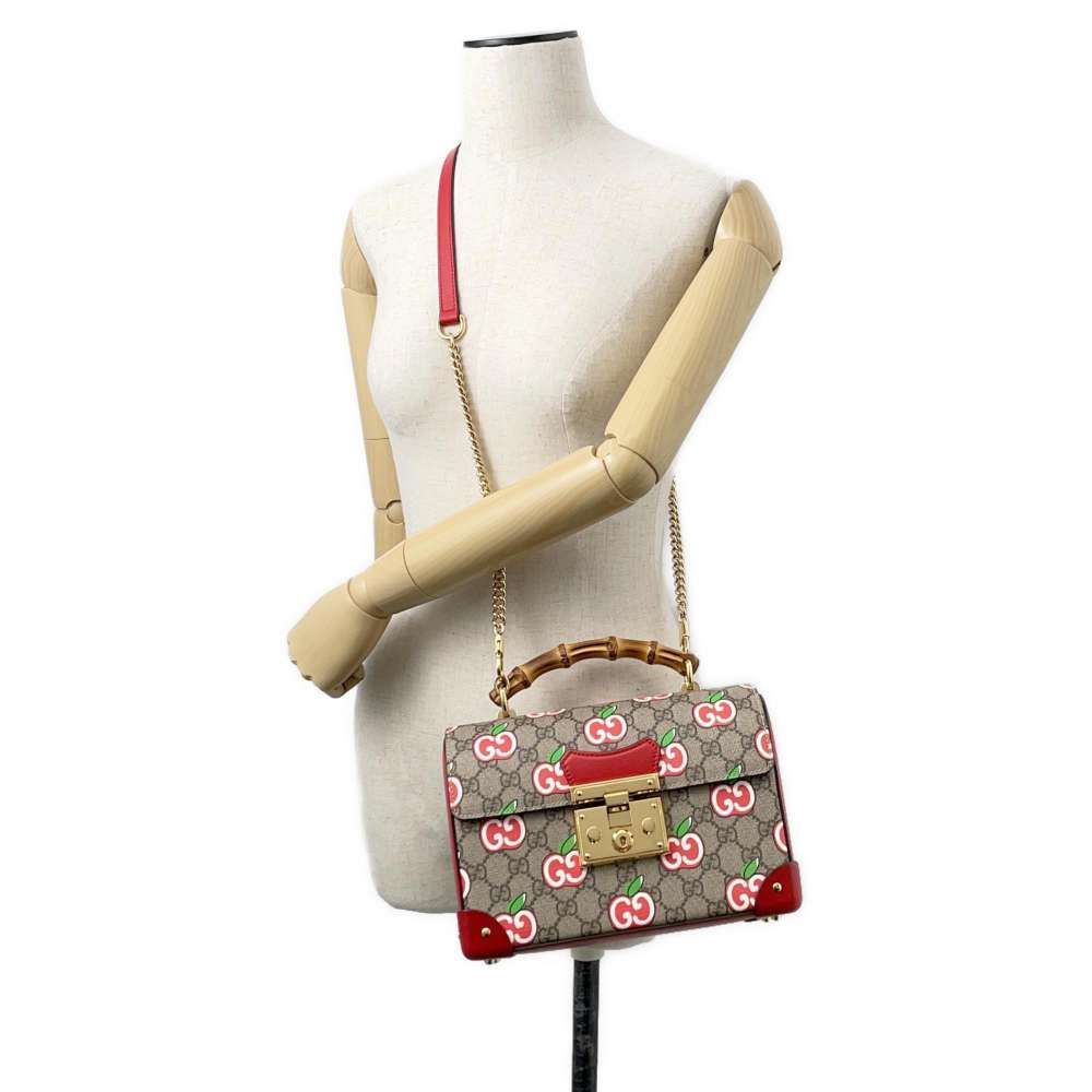 GUCCI GG Apple Bamboo 2way Bag Beige/Red 603221 GG SupremeCanvas