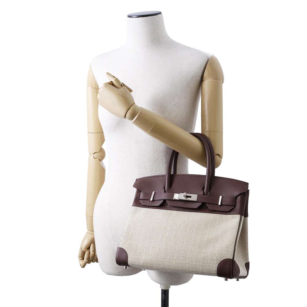 HERMES Birkin Ecru/Moka Toile GM Swift Leather Size 30