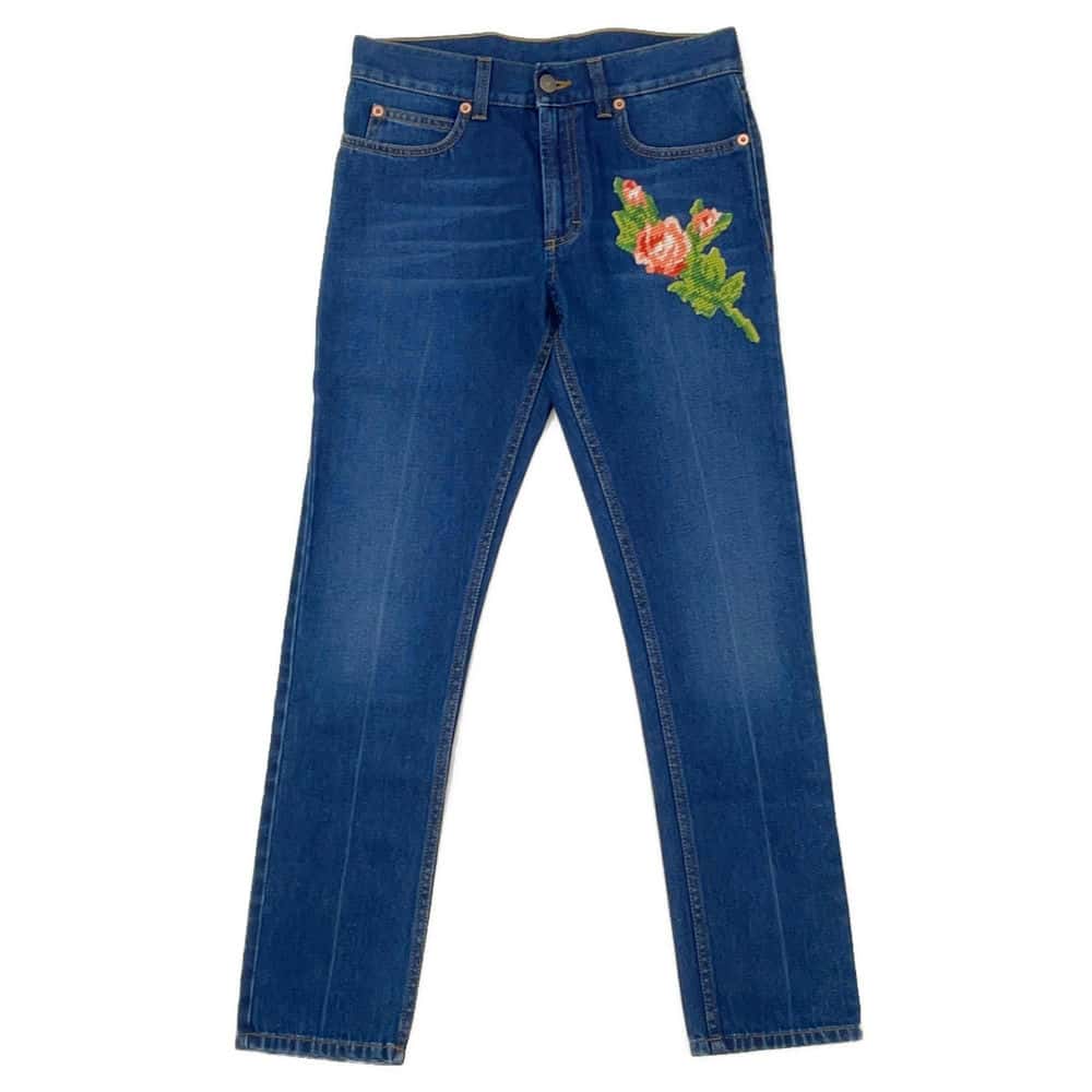 GUCCI Flower x Tiger Embroidery Denim Size 22 Blue 449577 Cotton100%