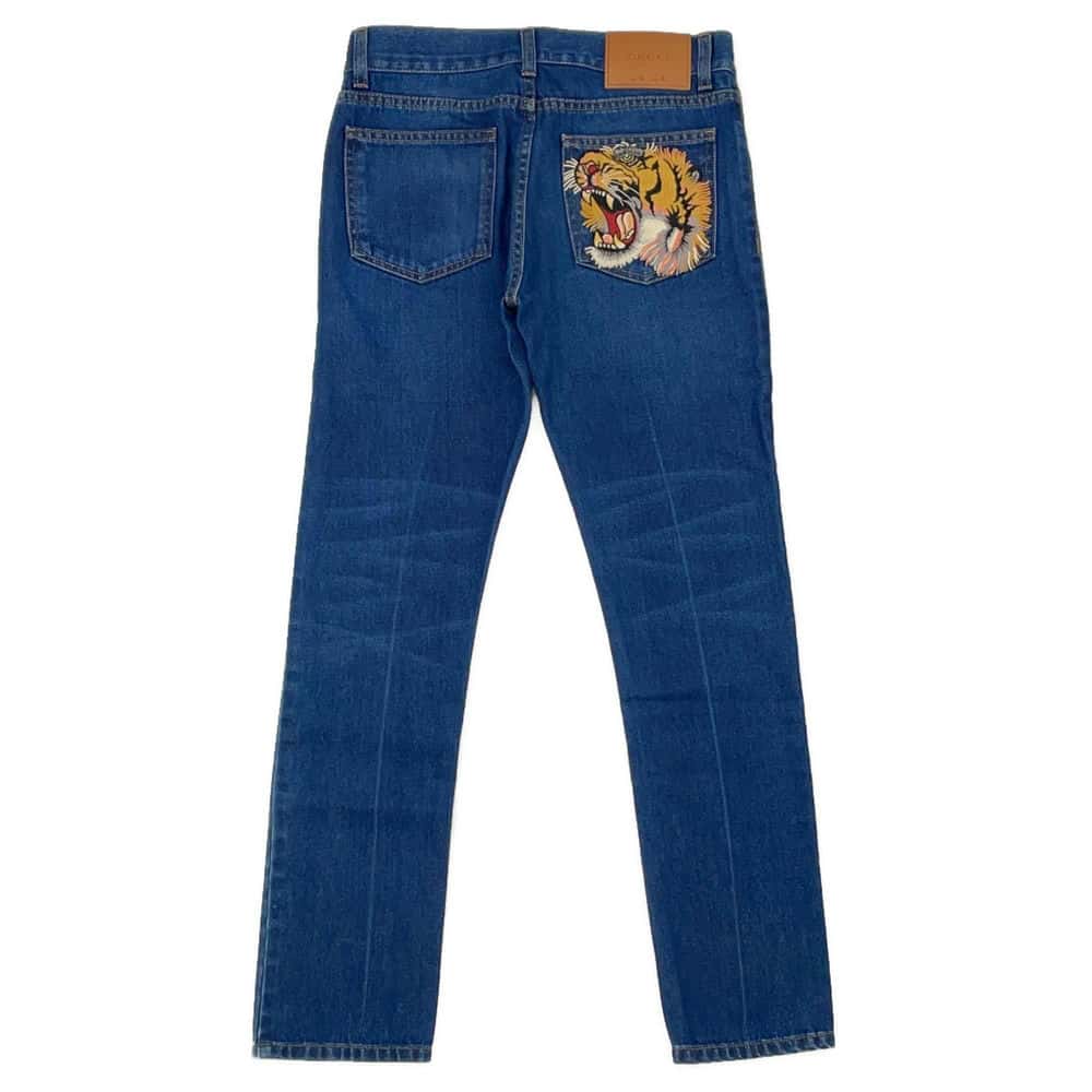 GUCCI Flower x Tiger Embroidery Denim Size 22 Blue 449577 Cotton100%