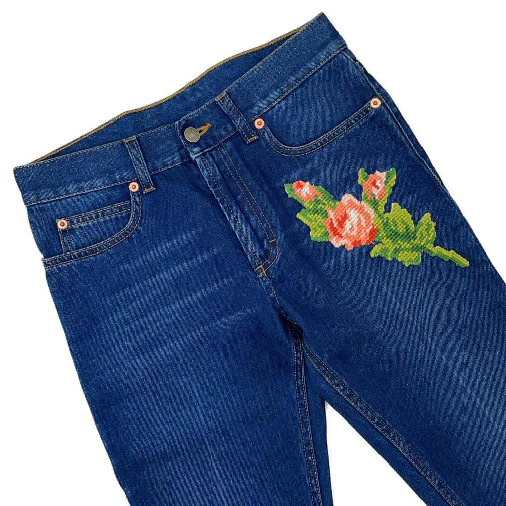 GUCCI Flower x Tiger Embroidery Denim Size 22 Blue 449577 Cotton100%