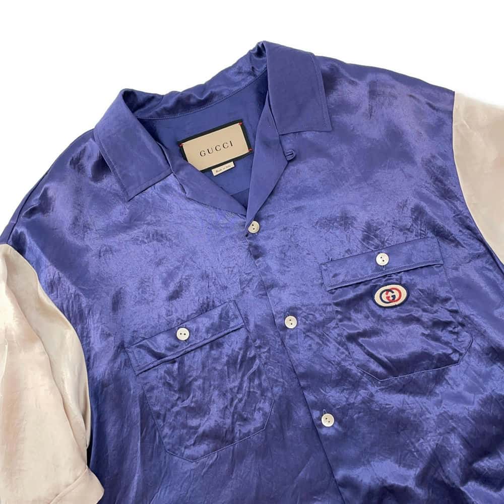 GUCCI Interlocking G open collar shirt Size 48 Purple/Ivory 654894 Acetate100%