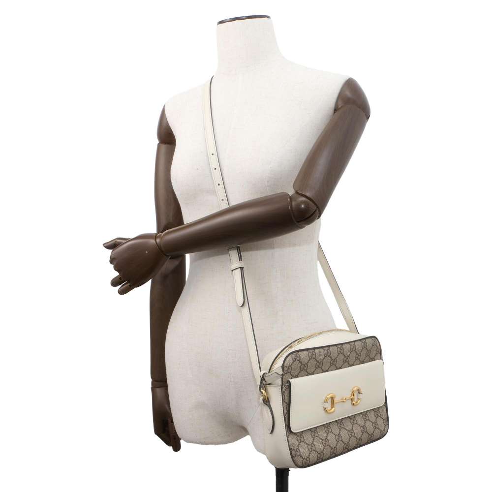 GUCCI GG Supreme Horsebit Shoulder Bag Beige/White 645454 PVC Leather Size Small