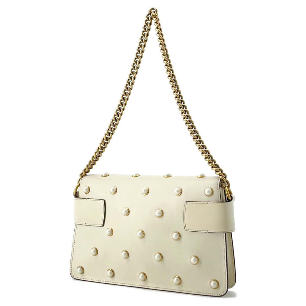 GUCCI Broadway ChainShoulder Bag White 453778 Leather Faux Pearl  Rhinestone