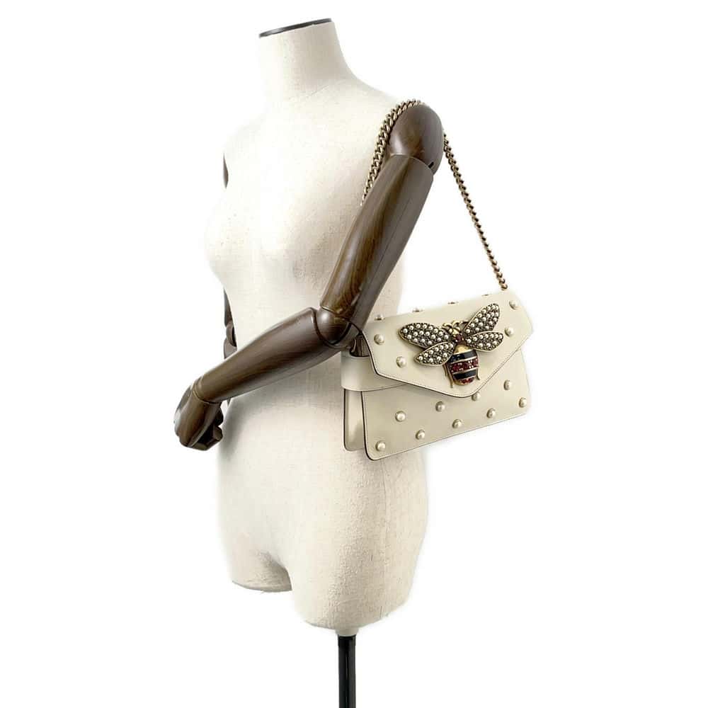 GUCCI Broadway ChainShoulder Bag White 453778 Leather Faux Pearl  Rhinestone