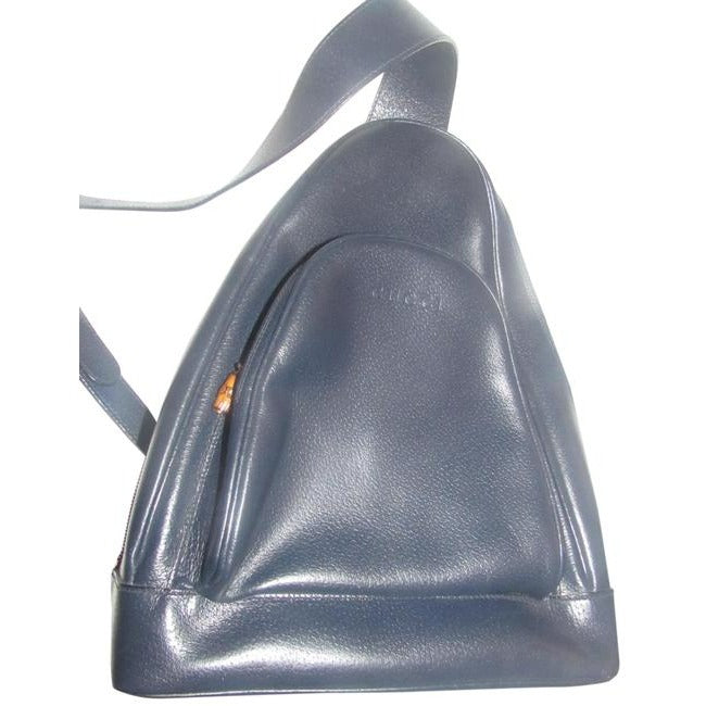 Gucci Vintage Bamboo Line Triangular Navy Blue Leather Backpack