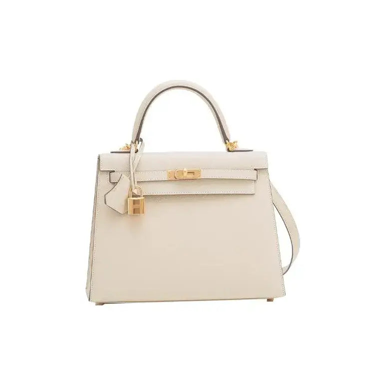 HERMES Kelly 25 Bag Epsom Leather Handbag (25,28) nata white  gold hardware