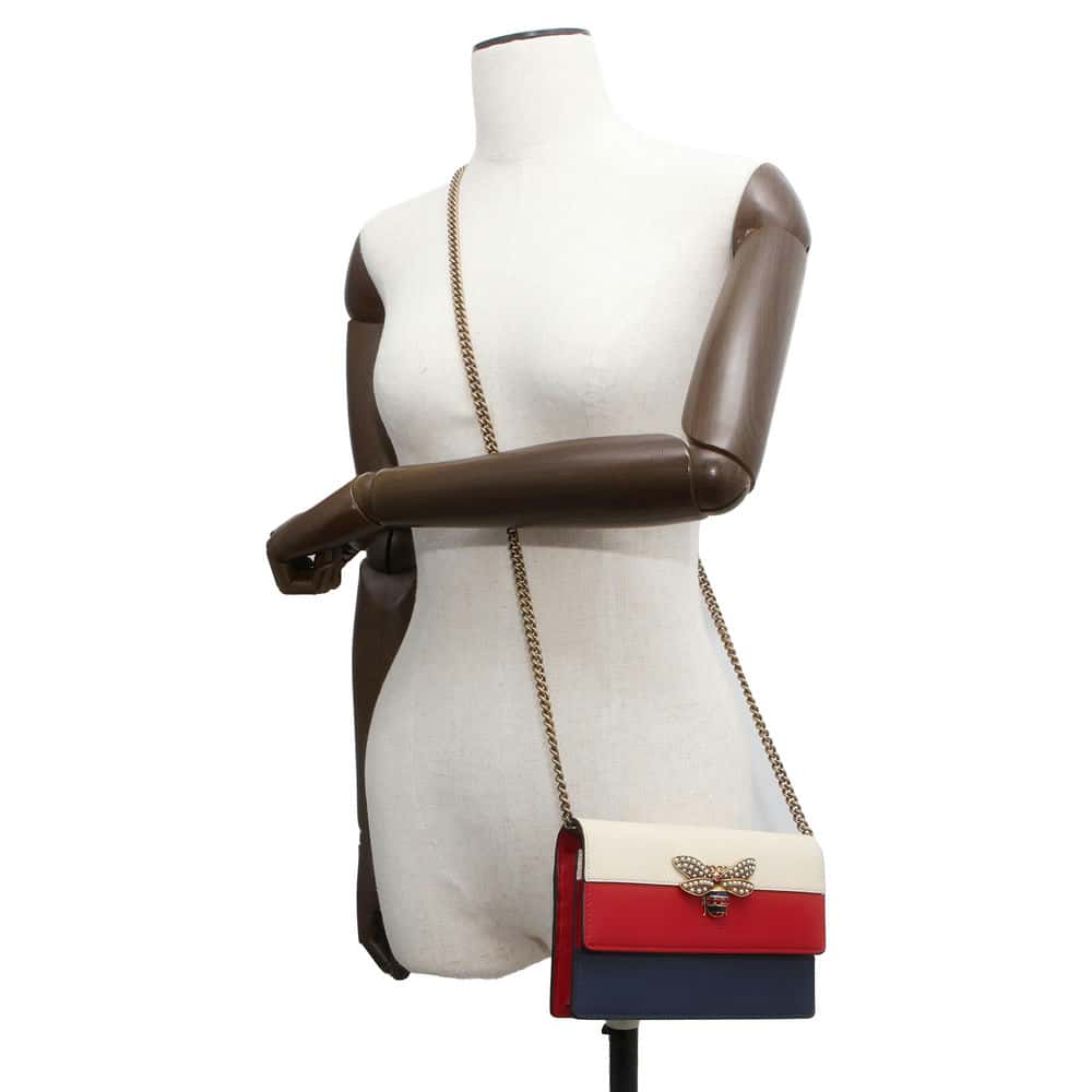 GUCCI Chain Wallet Queen Margaret Bee Red/White/Navy 476079 Leather
