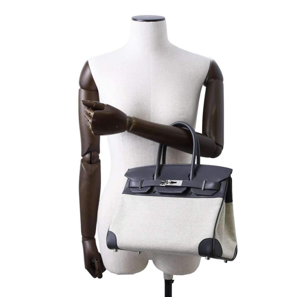 HERMES Birkin Gray/Ecru Toile H Box Calf Leather Size 30