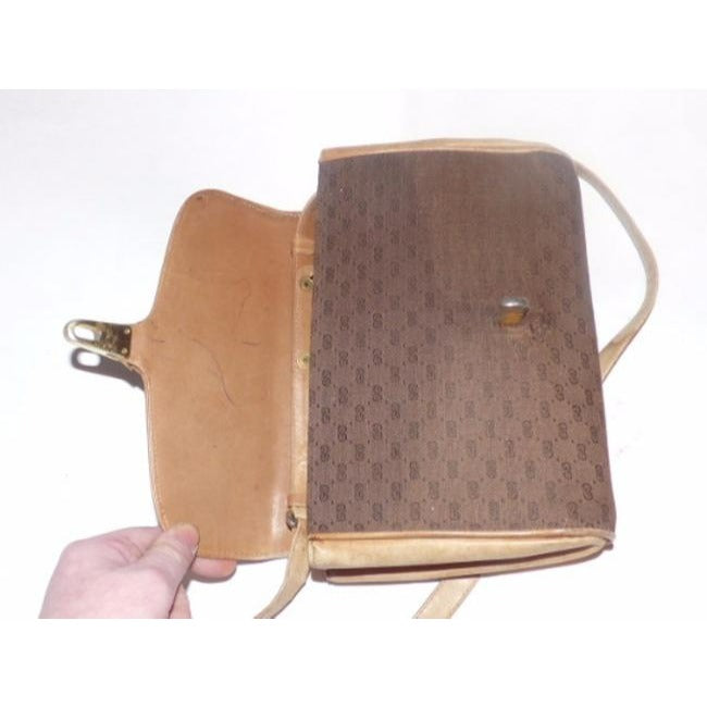 Gucci Vintage Camel Leather Brown Small G Logo Print Canvas And Cross Body Bag
