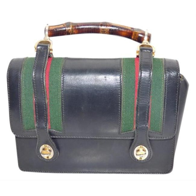 Gucci Buckle Top Bag W And Redgreen Stripes Blackredgreenbamboo Handle Leather Satchel