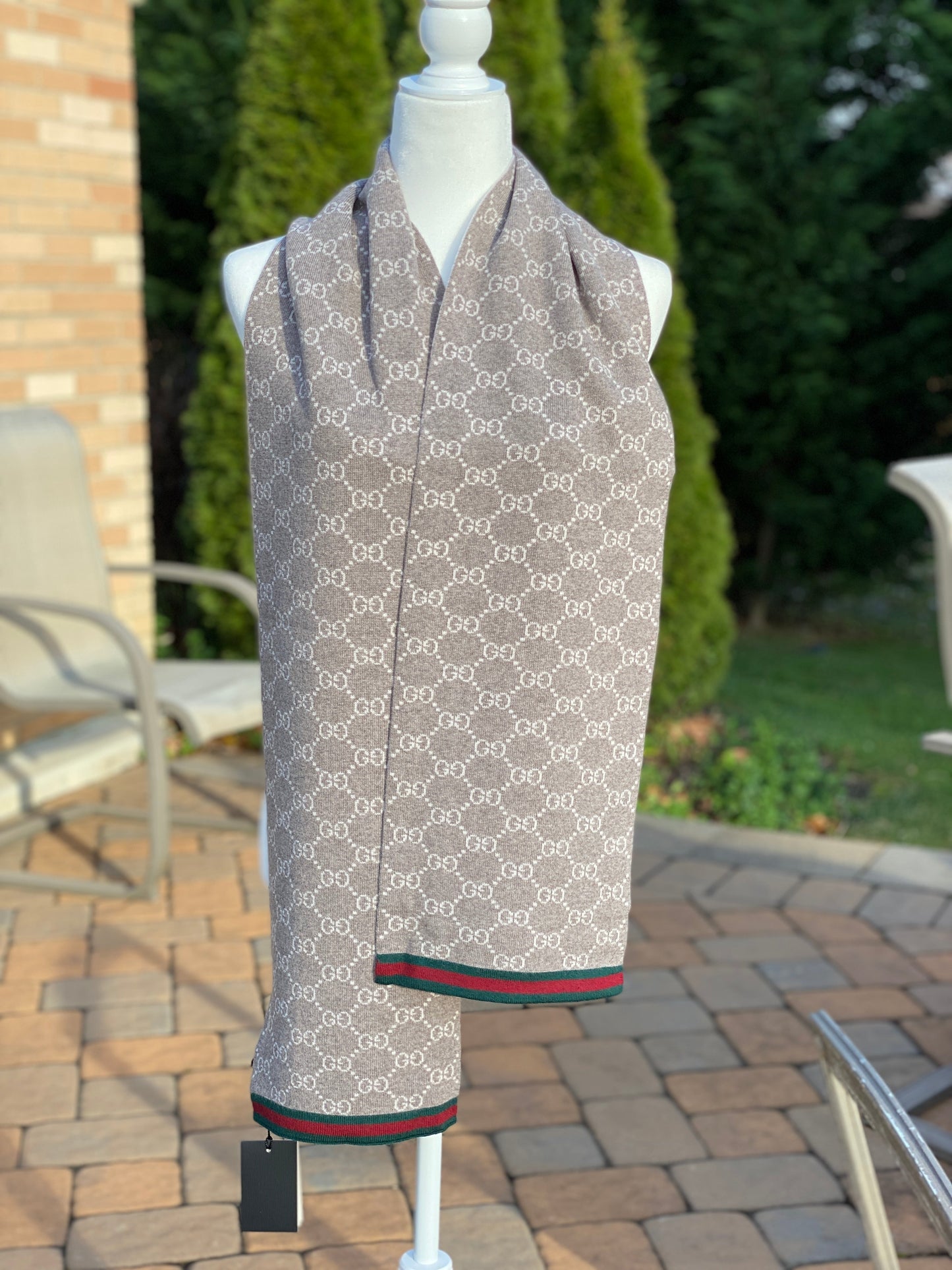 Gucci Taupe Reversible Wool Scarf with Red Green Trim