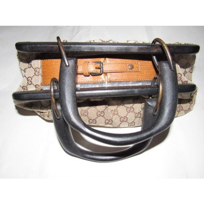 Gucci W Guccissima Canvasleather Top Handle Frame Brown G Logo Printwood Leathercanvaswood Satchel