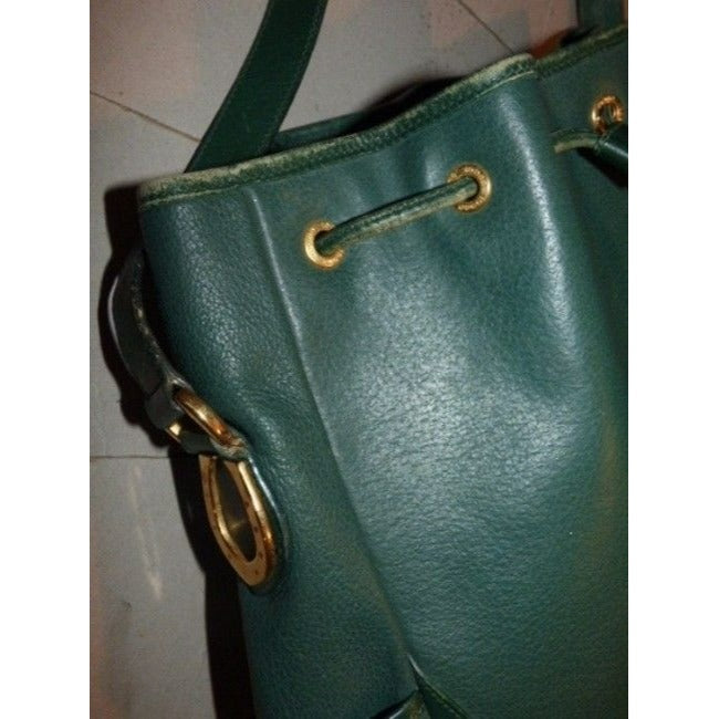 Gucci Horsebit Bucket Bag Xl Drawstring Accents Green W Gold Horseshoes Leather Satchel