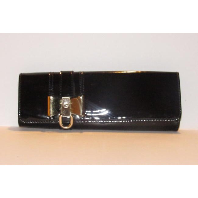 Gucci Black Patent Leather Duchessa Clutch W Gold Bow Accent