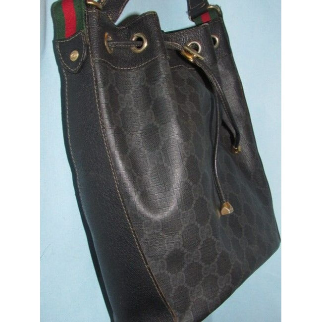Gucci Black Guccissima Print Leather Bucket Bag W red & green Striped Accent